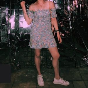 Petersyn Benson Off The Shoulder Floral Multicolored Smocked Mini Dress